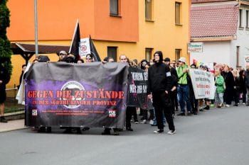 The counter protest making its way through the town of Themar in the state of Thuringia