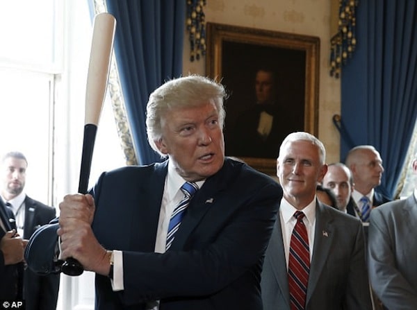 | President Donald Trump prepares to swing a Marucci bat from Baton Rouge Louisiana with Vice President Mike Pence seen right during a Made in America product showcase featuring items created in each of the US 50 states on Monday Read more httpwwwdailymailcouknewsarticle4705520TrumpthreatensstrongswiftsanctionsagainstVenezuelahtmlixzz4quvupiy6 Follow us MailOnline on Twitter | DailyMail on Facebook | MR Online