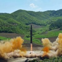 This picture taken by North Korea’s official Korean Central News Agency (KCNA) shows the test-fire of the intercontinental ballistic missile, Hwasong-14, at an undisclosed location on July 4, 2017.