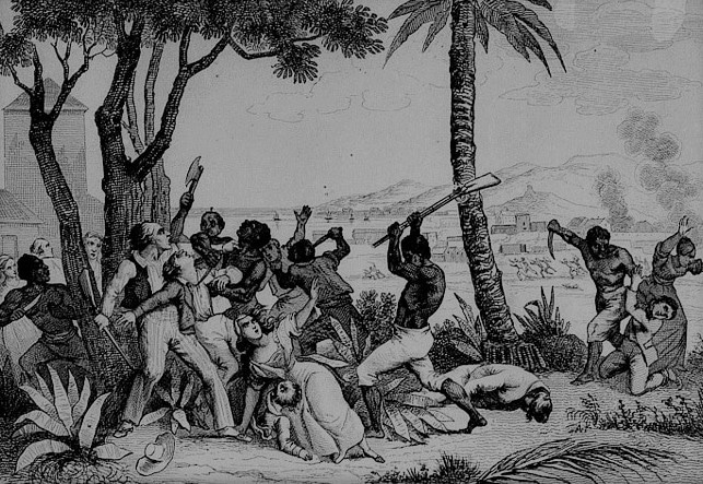 Depiction of the violent uprising of Black people during the Haitian Revolution in response to slavery and colonialism. (Incendie de la Plaine du Cap, Wikimedia Commons)