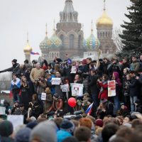 Protesters in St. Petersburg, Russia, on Sunday. The nationwide demonstrations were the most extensive show of defiance in years.