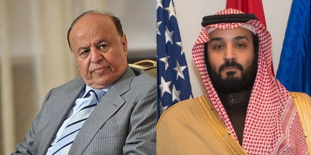 Yemen’s “legitimate president” Mansour Hadi and Saudi crown prince Mohammed bin Salman
