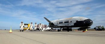 One of the U.S. Air Force’s robotic X-37B space planes is seen on the runway after landing itself following a classified mission. (U.S. Air Force Photo)