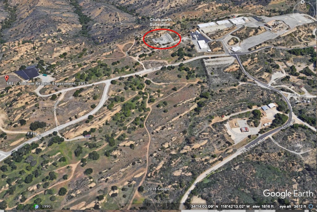 Chatsworth substation, between apparent site of start of fire to the right and location of SRE reactor partial meltdown to the left. (Photo Credit: Google Earth)