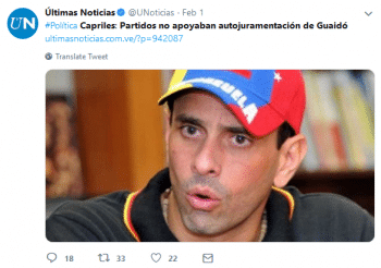 Últimas Noticias on Twitter (2:1:19)- “Capriles- The Parties Weren’t Supporting the Auto-Inauguration of Guaidó”