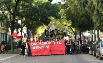 “Bring slaughter to an end- expropriate the meat industry, abolish capitalism”. Rally against the Meat industry, Zurich, Switzerland, 2018