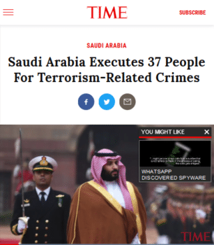 Time‘s headline (4/23/19) accepts the reality of the Saudi government charges against the people it executed–which weren’t even the actual charges they were convicted under. 