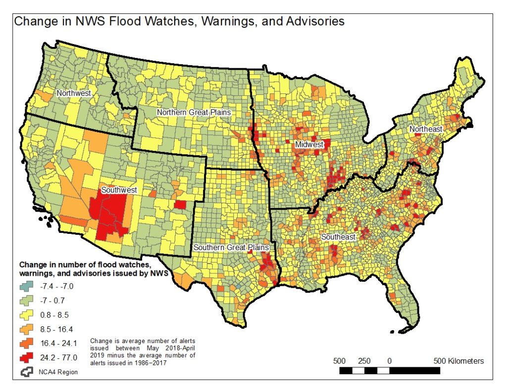 Change in National Weather Service flood watches, warnings, and advisories. 71 percent of counties in the contiguous U.S. had more flood watches, warnings, and advisories during the last 12 months than the average for the 1986-2017 historical period.
