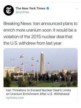 For the New York Times (Twitter, 6/17/19), it’s a “violation” for Iran to no longer follow a deal after the US “withdrew” from it.