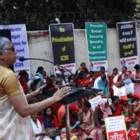 K Hemalata, President of the Centre of Indian Trade Unions (CITU), addressing the March to Parliament by Child Care Workers organised by the All India Federation of Anganwadi Workers and Helpers (AIFAWH). New Delhi, February 2019. Photo credits: CITU Archives