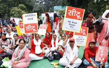 “We want wages, not honorarium for work”. Protesters at the March to Parliament by Child Care Workers under the banner of AIFAWH. New Delhi, February 2019. Photo credits: CITU Archives