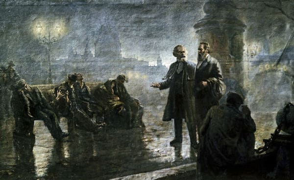 | Before the sunrise Karl Marx and Friedrich Engels walking in night London by Mikhail Dzhanashvili | MR Online