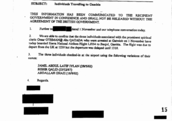 | Telegram from MI5 to the CIA confirming the travel plans for Bisher alRawi and Jamil elBanna Both were arrested and eventually rendered to Afghanistan Circuit 16 | MR Online