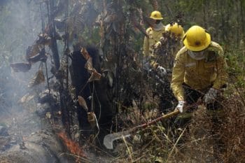 Firefighters work to put out fires in the Vila Nova Samuel region, along the road to the National Forest of Jacunda, near to the city of Porto Velho, Rondonia state, part of Brazil’s Amazon, Sunday, Aug. 25, 2019. (AP Photo/Eraldo Peres)