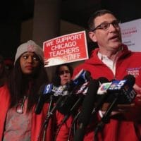 CTU President Jesse Sharkey (cq) (right) and vice-president Stacy Davis Gates (cq) speak following a CTU House of Delegates meeting at the Chicago Teachers Union Center on Tuesday, Oct. 29, 2019. (Chris Sweda/Chicago Tribune)