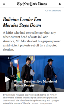 When the military forces the elected president to “step down” (New York Times, 11:10:19), there’s a four-letter word for that.
