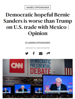Sanders is “worse than Trump” (Miami Herald, 1/15/20) because he doesn’t believe the projections of the U.S. International Trade Commission—which economist Dean Baker said “made a conscious decision to go against standard practice in the economics profession” to make NAFTA 2.0 look good (Beat the Press, 4/25/19).