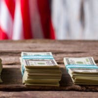 American flag, money and coins.