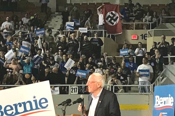 | Whoever it was I think theyre a little outnumbered tonight Sen Bernie Sanders IVt said after the man with the Nazi flag was removed from the rally Photo ScreenshotBernie Sanders Campaign via Storyful | MR Online