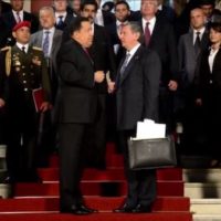 Igor Sechin, President of the Russian oil company Rosneft (R) being greeted by late Venezuelan President Hugo Chavez (L), self-styled leader of the ‘Bolivarian Revolution’ at doorstep of the presidential palace, Caracas, Sept 2012.