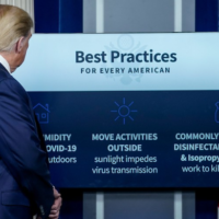 President Donald Trump participates in the daily briefing of the coronavirus task force at the White House on April 23, 2020 in Washington, D.C. (Photo by Drew Angerer/Getty Images)