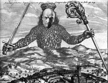 Climate Lenin atop Hobbes'frontispiece from Leviathan (1651) depicting sovereignty represented by a crown figure composed of its subjects. 