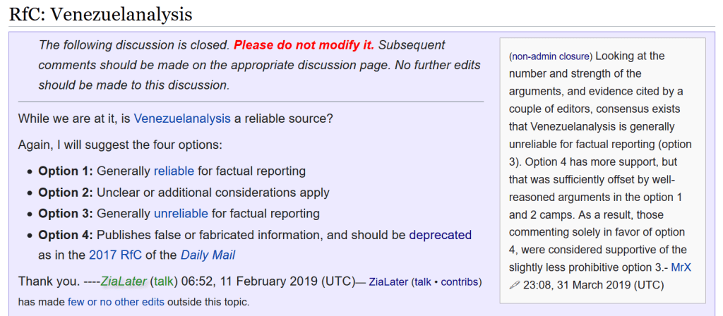| Wikipedia editor ZiaLater a rightwing Venezuelan opposition advocate oversaw the official surveys to blacklist Venezuelanalysis as well as The Grayzone and TeleSUR | MR Online