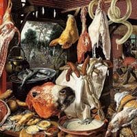 A Meat Stall with the Holy Family Giving Alms, Pieter Aertsen (1551)
