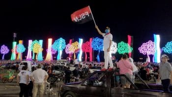 Sandinista supporters fill with Managua’s Plaza La Fe with their cars and protective equipment round midnight on the evening of July 18, 2020 (Photo credit: Ben Norton / The Grayzone)