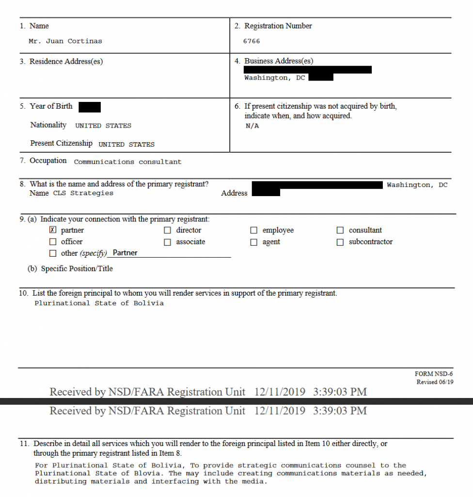 The FARA registration filed by CLS Strategies partner Juan Cortiñas to represent the Bolivian coup regime in December 2019