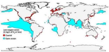 Red dots mark coastal ‘dead zones’ where oxygen has plummeted to 2 milligrams per liter or less. Blue areas in the open ocean have the same low-oxygen levels. Source: GEOMAR Helmholtz Centre for Ocean Research Kiel.