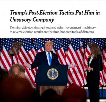 The New York Times (11/11/20) says Donald Trump is like Venezuelan President Nicolás Maduro in “refusing to concede defeat and hurling unfounded accusations of electoral fraud”—even though it was the Venezuelan opposition that refused to concede defeat and made dubious claims of fraud.