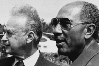 Former Israeli PM Yitzhak Rabin L and President of Egypt Anwar el Sadat R in Alexandria on 9 September 1980 AFP