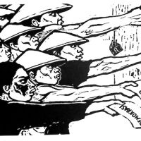 S. Pudjanadi, Kaum Tani Menuntut (‘Peasants Make Demands’), published in Harian Rakyat, 21 June 1964. The demands read, from top to bottom: UUPA (‘agrarian law 1960’), UUD 45 (‘Indonesian 1945 constitution’) and demokrasi (‘democracy’).