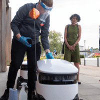 THE END OF WORK? Labour leader Keir Starmer meets a fleet of Starship delivery robots at a Co-op in Milton Keynes, during a visit to discuss technological innovation during Covid-19