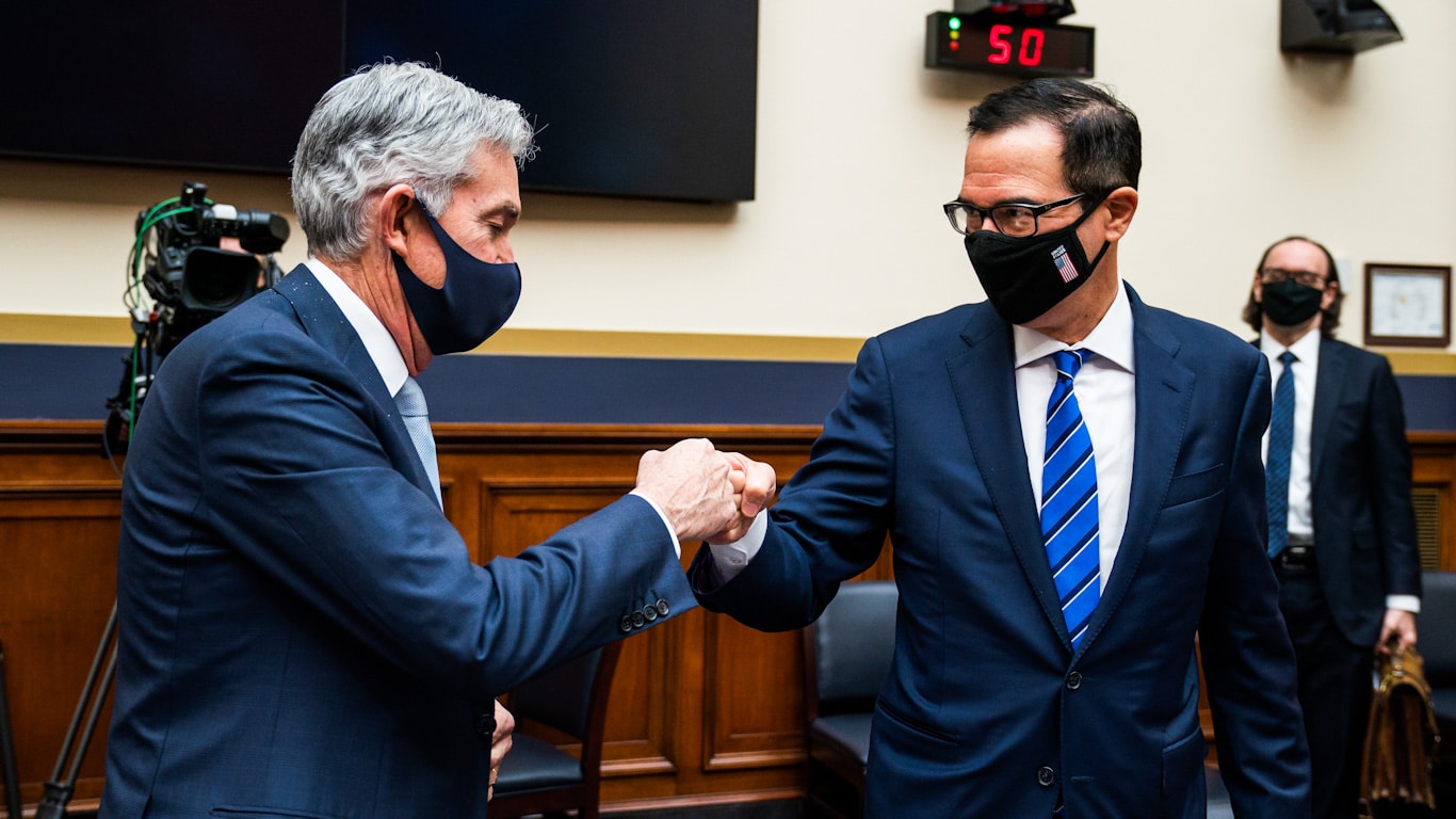| Federal Reserve Chairman Jerome Powell fist bumps Treasury Secretary Steven Mnuchin after a House Financial Services Committee hearing on Capitol Hill in Washington Dec 2 2020 Jim Lo Scalzo | Pool via AP | MR Online