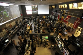 The Combined Air and Space Operations Center (CAOC) at Al Udeid Air Base, Qatar, provides command and control of air power throughout Iraq, Syria, Afghanistan and 17 other nations. (U.S. Air Force, Joshua Strang)