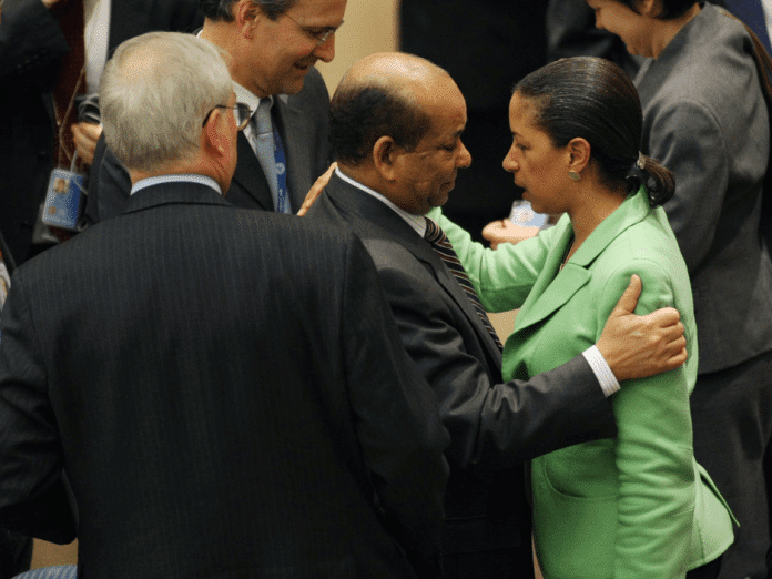  | Susan Rice embraces Abdurrahman Mohamed Shalgam former Libyan parliamentary representative at the UN and a defector from Qaddafis regime at the UN after vote on March 17 2011 authorizing air strikes to protect civilians from Qaddafis alleged depredations Source zimbiocom | MR Online