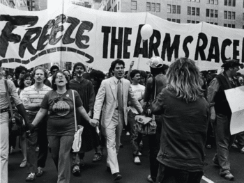 Supporters of the Freeze movement march at a huge rally in New York City in June 1982 that was attended by hundreds of thousands of people. [source: outrider.org]