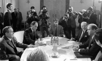 Then-Senator Biden sits opposite Andrei Gromyko, chairman of the Supreme Soviet of the USSR during negotiations in Moscow to ratify the INF Treaty. [Source: theguardian.com]