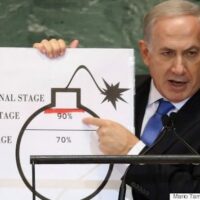 NETANYAHU POINTS TO A DRAWING OF A BOMB IN WARNING OF IRAN’S THREAT, IN AN ADDRESS TO THE UNITED NATIONS GENERAL ASSEMBLY ON SEPTEMBER 27, 2012 IN NEW YORK. (PHOTO BY MARIO TAMA/GETTY IMAGES)