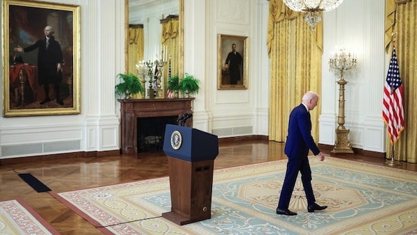 | US President Joe Biden departs after delivering remarks on Russia in the East Room at White House Washington DC April 15 2021 | MR Online