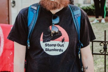 A member of the DC DSA’s anti-eviction and tenant organizing campaign, Stomp Out Slumlords. Eleanor Goldfield | ArtKillingApathy.com