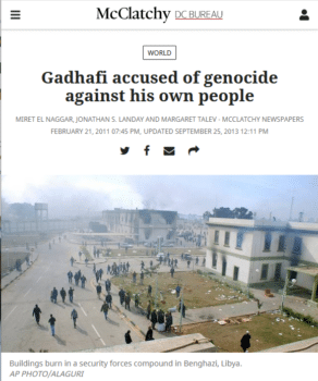 The evidence McClatchy 22111 offered that Gadhafi had been charged with genocide was a single interview on Al Jazeera