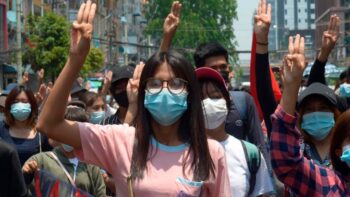 | Anticoup protesters flash the threefinger sign of defiance during a demonstration in Yangon Myanmar on Friday April 23 2021 | AP | MR Online