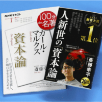 wo recent books, including bestseller "Capitalism in the Anthropocene" (R), released by Kohei Saito are pictured on April 14, 2021. (Kyodo)