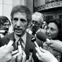 Daniel Ellsberg, co-defendant in the Pentagon Papers case, talks to the media outside the Federal Building in Los Angeles on April 28, 1973. [Source: nbcnews.com]