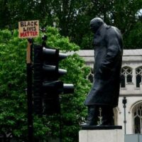 Black Lives Matter placard near Churchill statue