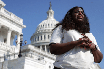 Rep Cori Bush D Mo speaks to a reporter outside the US Capitol Aug 2 2021 in Washington DC