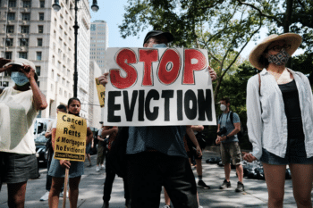 Activists protest against evictions near New York City Hall on Aug 11 2021